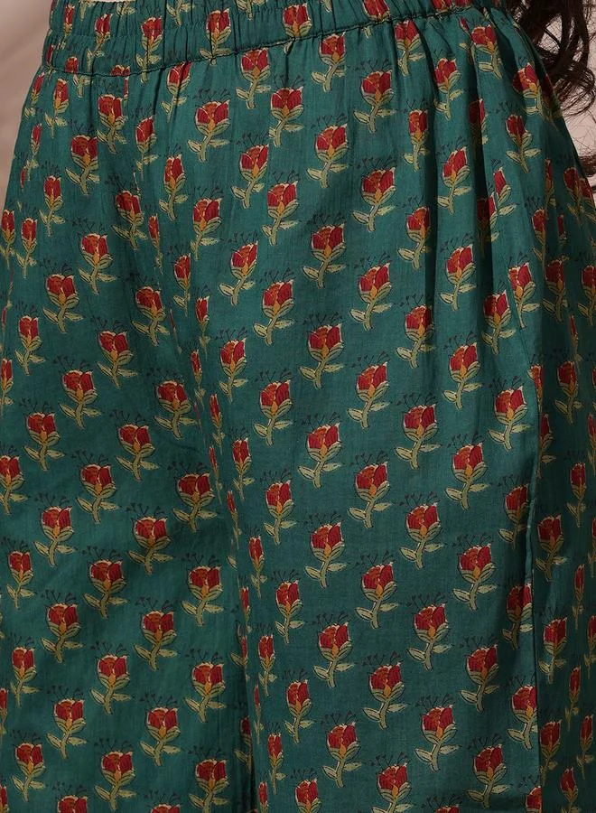 Globus  Women Green Floral Print Mandarin Neck Kurta with Pant Set for Women | Best Price UAE